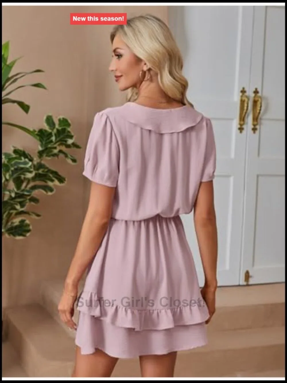 Women's V-Neck Tie Front Mini Dress Ruffle Hem Short Sleeve Casual